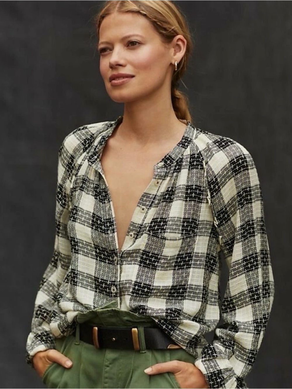Anthropologie Pilcro Breezy Plaid Buttondown Top Black/Ivory/Yellow XXS